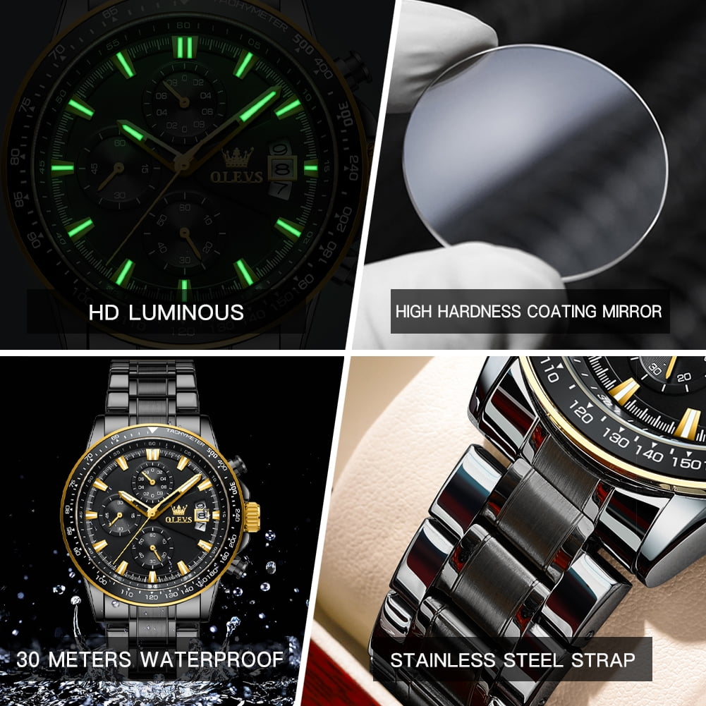 OLEVS Mens Watches,Big Dial Watches for Men Chronograph Stainless Steel Watch with Day Waterproof Analog Quartz Watches