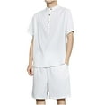 thumbnail image 4 of USNSM Men's Plus Size Linen T-Shirt&Shorts 2 PC Sets Stand Neck Half Button Short Sleeve Pullover Shirt & Lace-Up Elastic Waist Short Pants Homewear Suits Casual Beach Outfits White L, 4 of 5