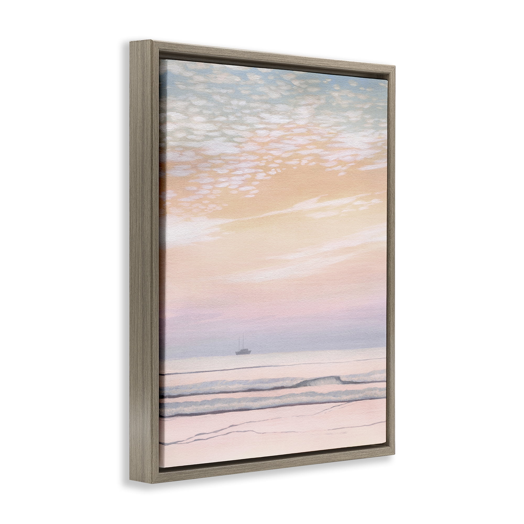 Stupell Industries Orange Sunrise & Boat Nautical & Beach Painting Brown Floater Framed Canvas Art Print Wall Art, 17 x 21