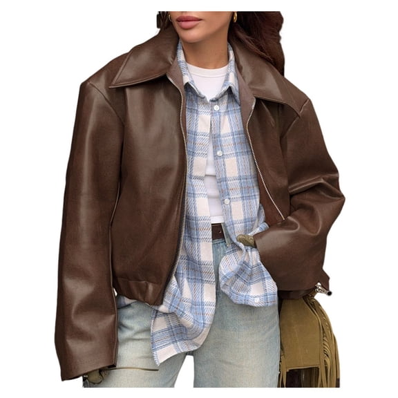 Women's Leather Jacket Long Sleeve Zipper Faux Oversized Coats Fall Fashion Outfits Winter Clothes Brown L