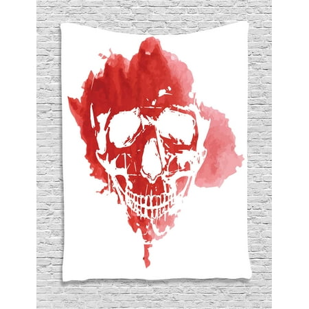 Horror House Decor Tapestry, Skull Head in Watercolor Brush Stroke Gothic Skeleton Splash Voodoo Paint, Wall Hanging for Bedroom Living Room Dorm Decor, 40W X 60L Inches, Coral, by Ambesonne