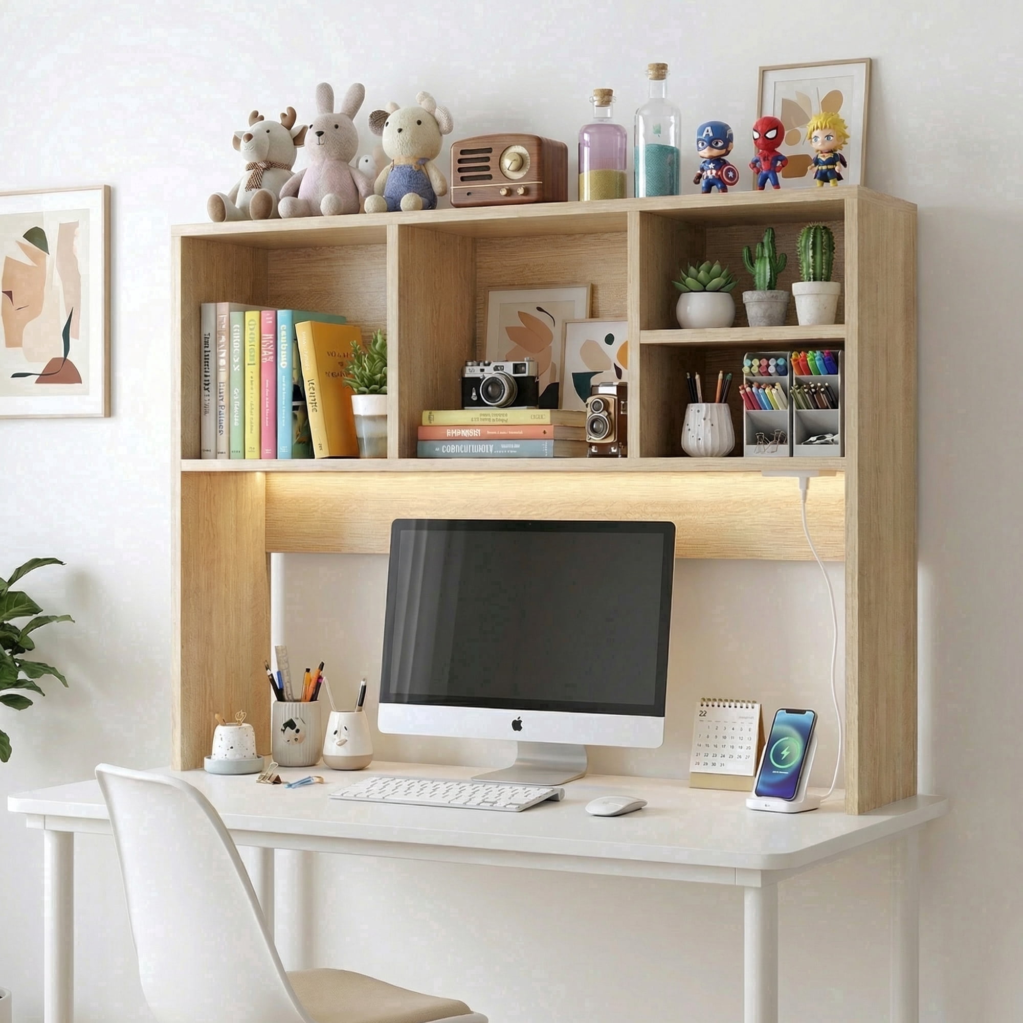 Desktop Bookshelf with Charging Station & LED Light, 3-Tier Display Wooden Rack Desk Organizer for Office,  Dorm, Living Room, Light Brown
