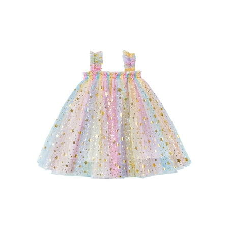 

Canrulo Toddler Baby Girls Halter Tulle Tutu Dress Rainbow Stars Print Layered Sling Dress Princess Summer Outfits Colorful Stars 6-12 Months