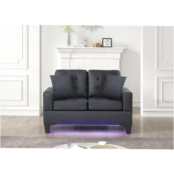 JERFIT 55.5" Modern LED Loveseat Sofa with USB Charger, Tufted Back and Seat, Black Faux Leather for Living Room, Apartment
