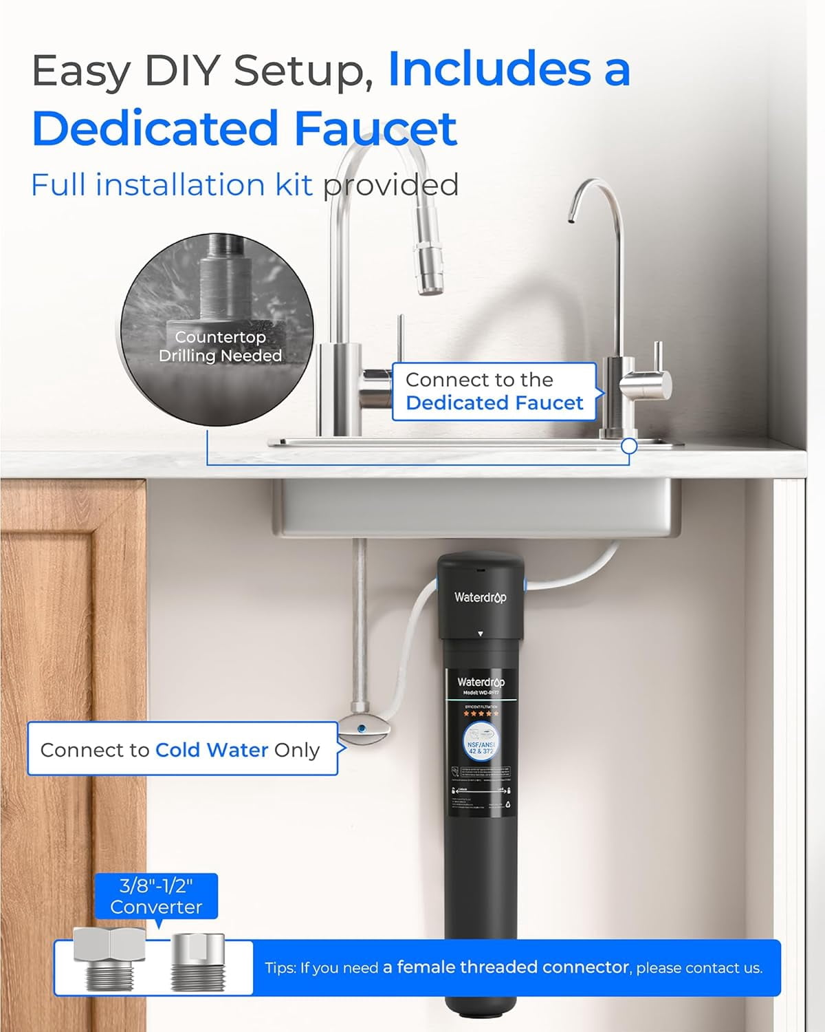 Waterdrop 17UB 3 Years Under Sink Water Filter, Under Sink Water Filtration System, NSF/ANSI 42 Certified, Reduces PFAS, PFOA/PFOS, Lead