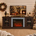 thumbnail image 3 of PAPROOS 70" Fireplace TV Stand for TVs up to 75", Farmhouse Entertainment Center with 23" Electric Fireplace, Faux Stone Media Console with Glass Doors and Adjustable Shelves, Cherry, 3 of 10