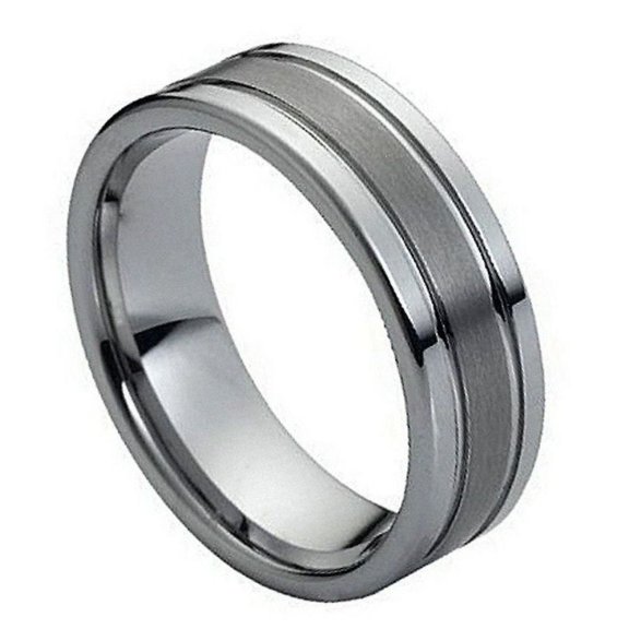 Custom Personalized Engraving Wedding Band Ring Set for Him & Her - 8mm Ring Polished Shiny Double Grooved Brushed Center