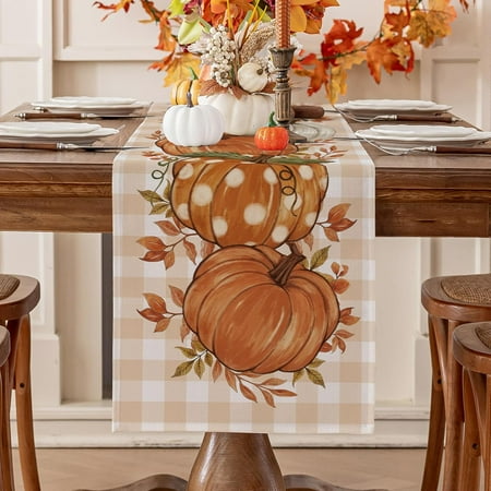 

Pumpkin Leaves Fall Table Runner Buffalo Plaid Autumn Thanksgiving Harvest Farmhouse Style Table Decoration for Dining Party Holiday - 13x90 Inch Orange