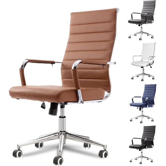 Okeysen Office Desk Chair, Ergonomic Leather Modern Conference Room Chairs, Executive Ribbed Height Adjustable Swivel Rolling Chair for Home Office. (Brown)