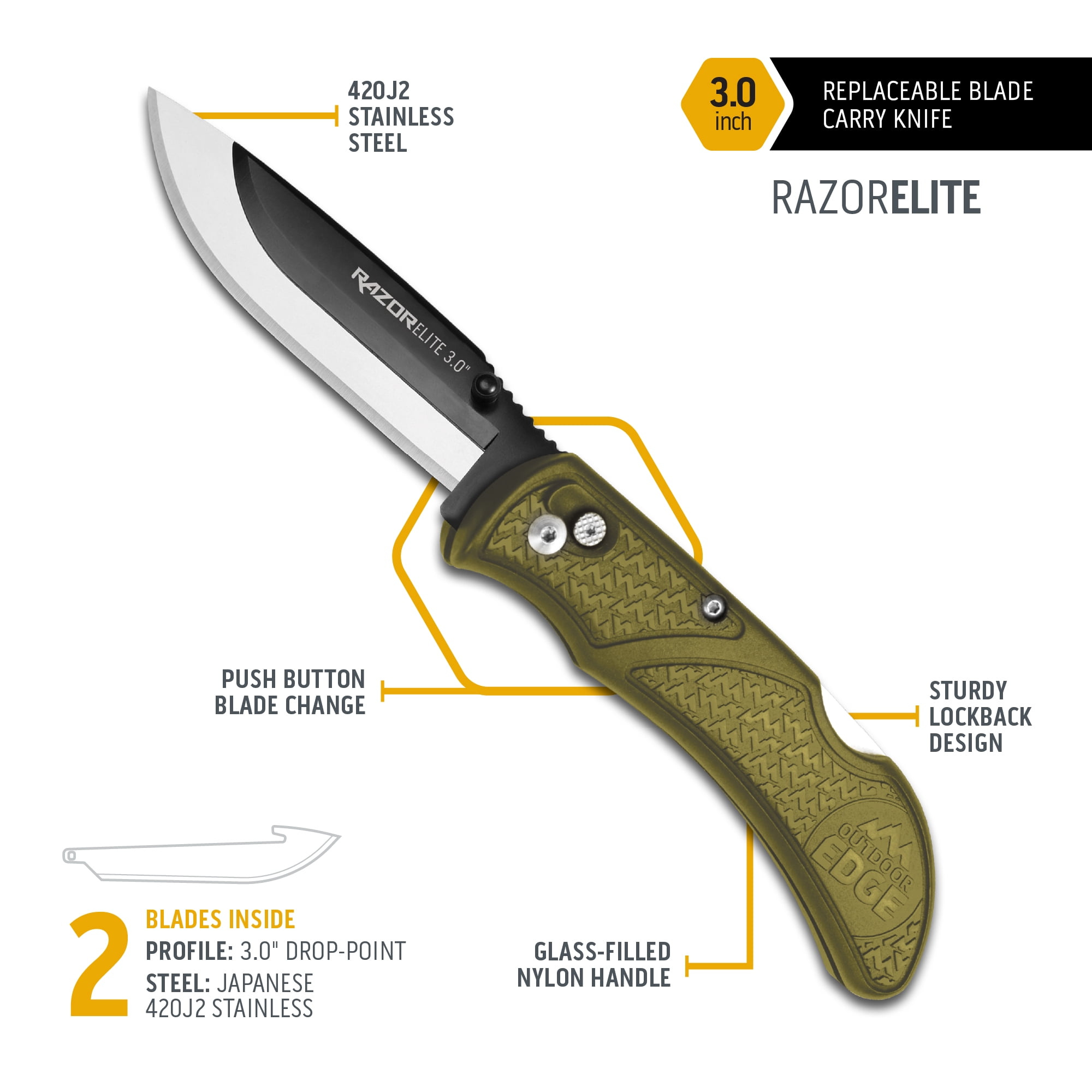 Outdoor Edge 3.5" Razor Elite Knife- with Steel Drop Point Blade
