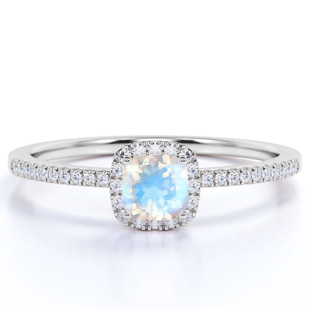 JeenMata Anillo de Bodas con Halo de Moissanita y Piedra Lunar Arcoíris Genuina de 1,75 Uds en Oro Blanco de 18 K sobre Plata
