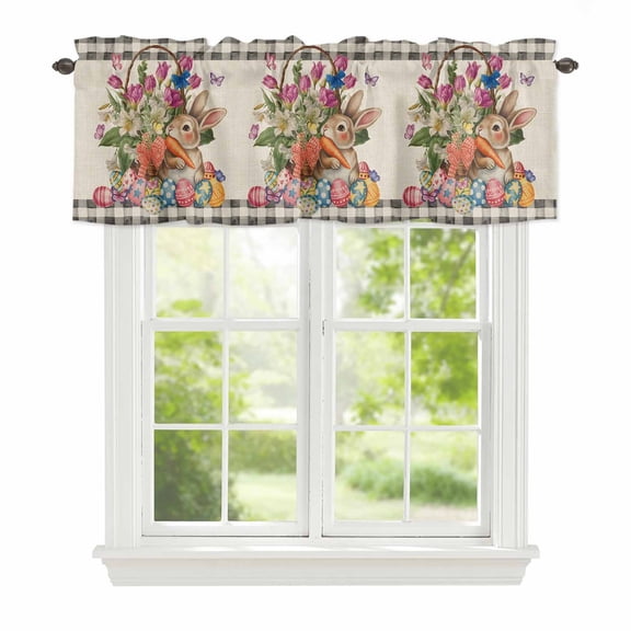 Curtain Valance for Windows, Easter Bunny Farmhouse Floral Kitchen Valances Rod Pocket Short Curtains, Easter Egg Retro Linen Window Valance for Bedroom Bathroom Living room 42x12in