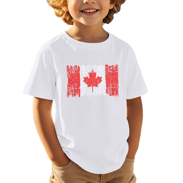 T-Shirts de la Fête du Canada Filles Drapeau du Canada Blouse à Manches Courtes Garçons Imprimé Drapeau de la Fête du Canada Coupe Régulière Filles Haut Décontracté Imprimé Drapeau du Canada