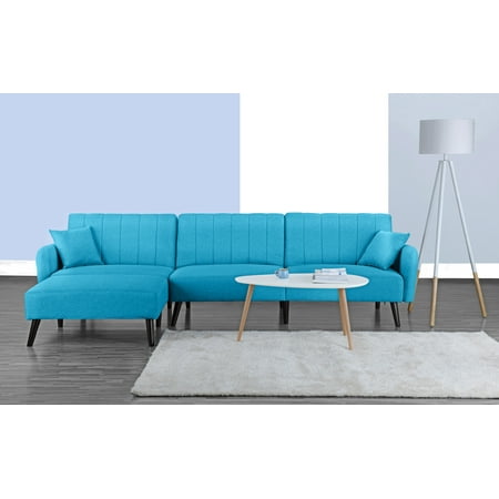 Skye Lounge Modern Style Linen Fabric Sleeper Futon Sofa, Living Room L Shape Sectional Couch with Reclining Backrest and Chaise Lounge (Sky Blue) ()