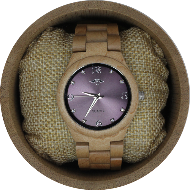 Angie Wood Creations Maple Women’s Watch With Maple Bracelet and Purple Dial