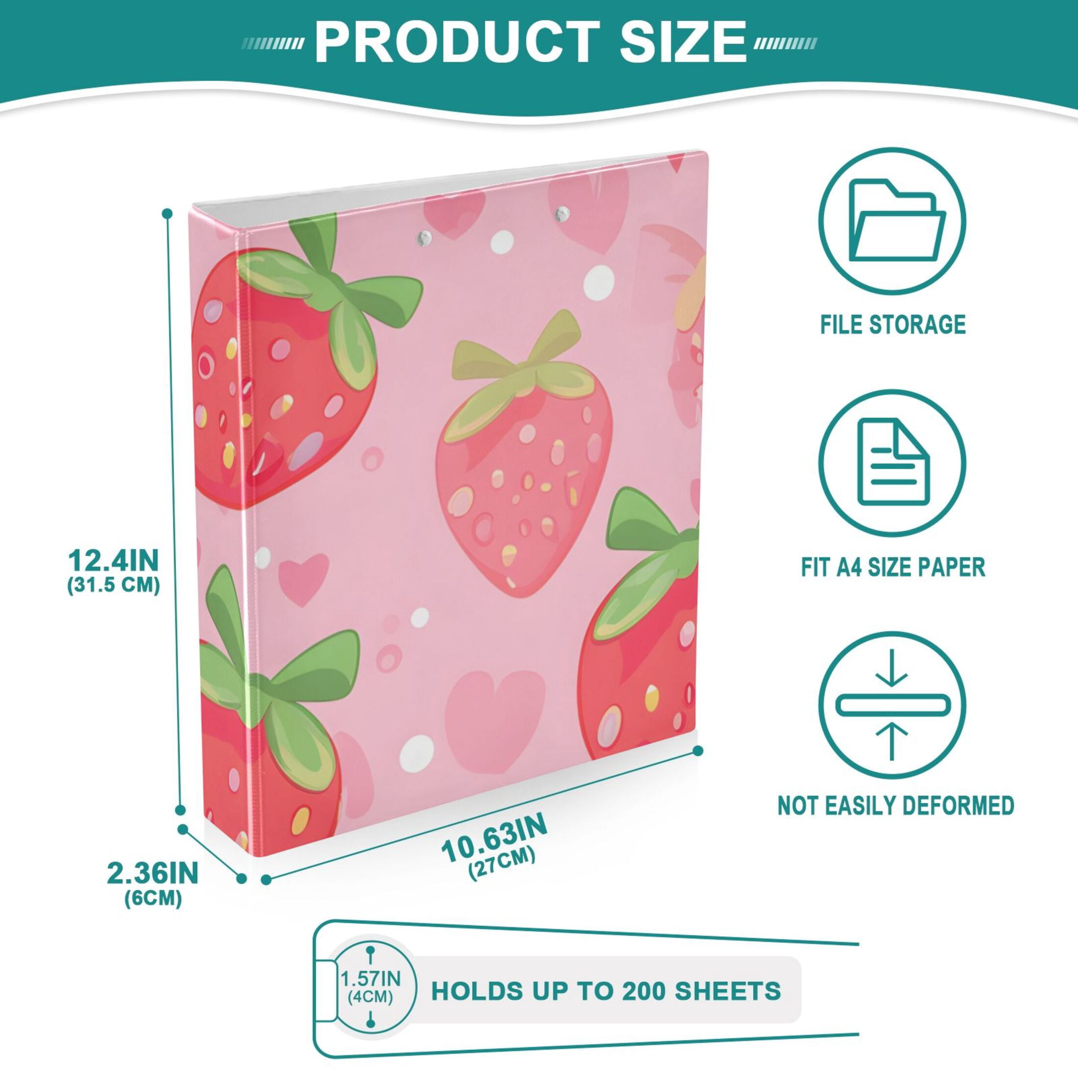 Cute Strawberry 3 Ring Binders 1.5 inch Hardcover File Folders with Interior Pockets A4 Size Organizer for School Office Hospital