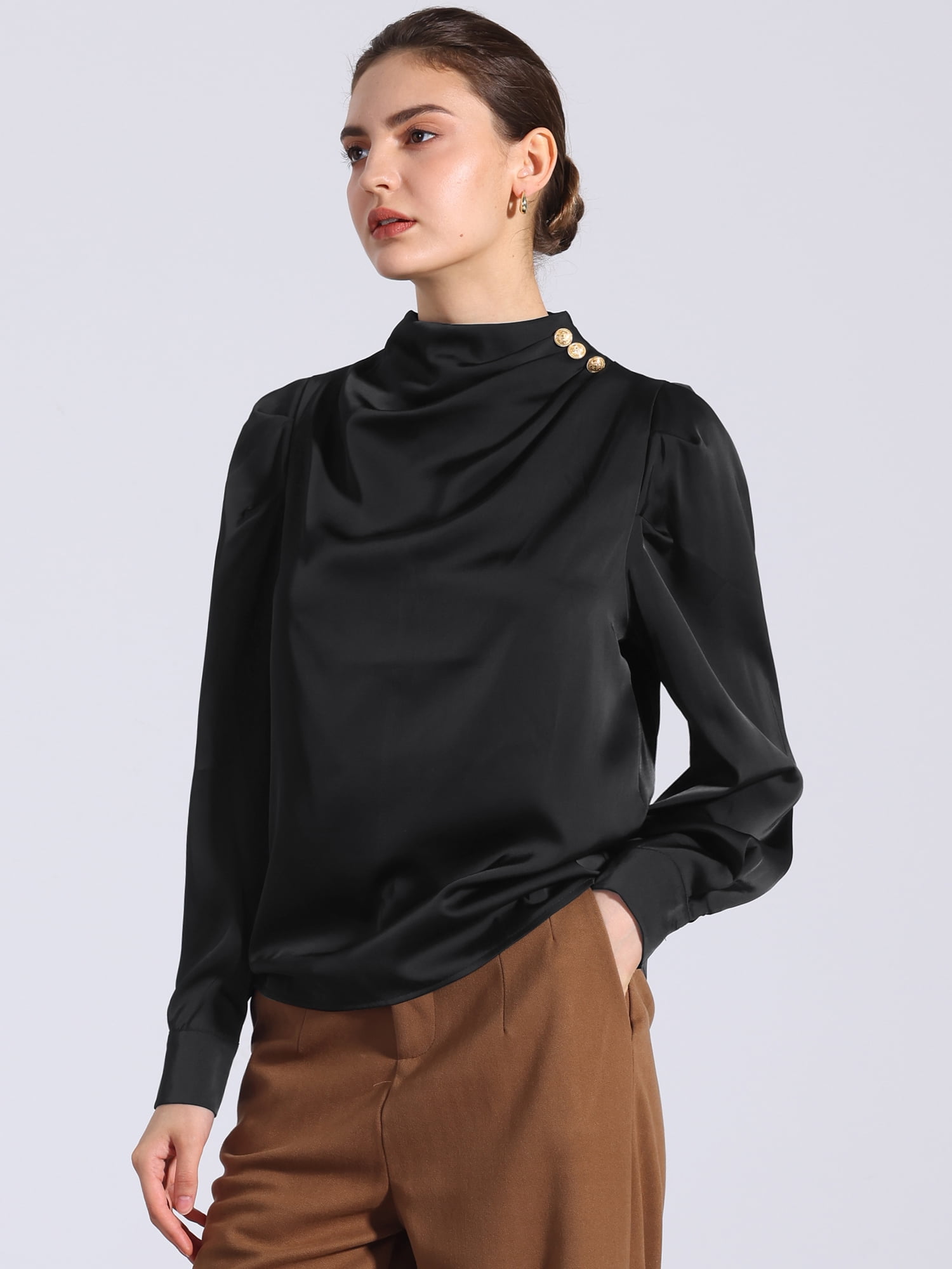 DARING DIVA Women's Satin Puff Long Sleeve Pleated Mock Neck Blouse L Black