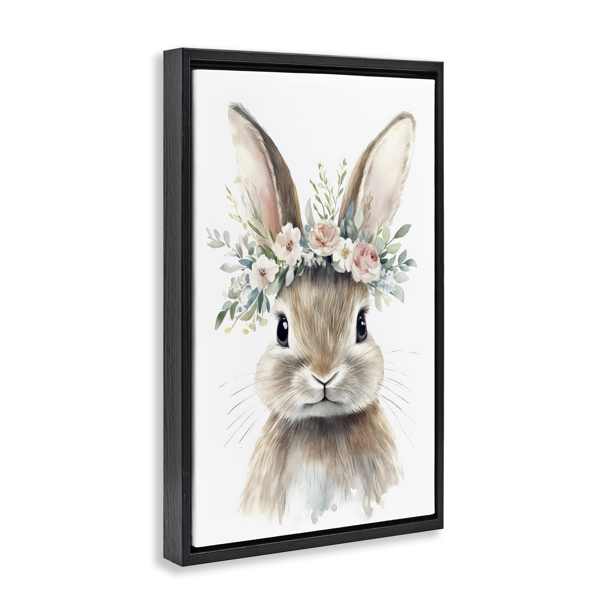 Stupell Industries Flower Adorned Baby Rabbit Black Framed Floater Canvas Wall Art, design by Creative Studio