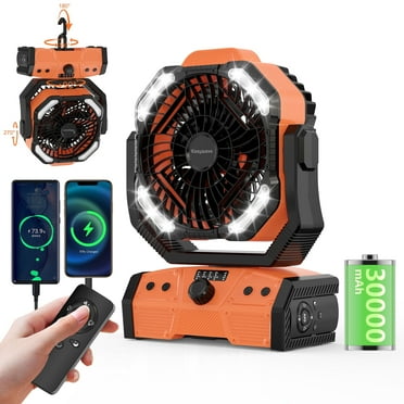 Camping Fan Battery Operated Powered Fan with LED Lantern Light 30000mAh Rechargeable Portable Fan, Oscillating Fan with 270° Rotation Hanging Hook for Tents, Cordless USB Desk Fan