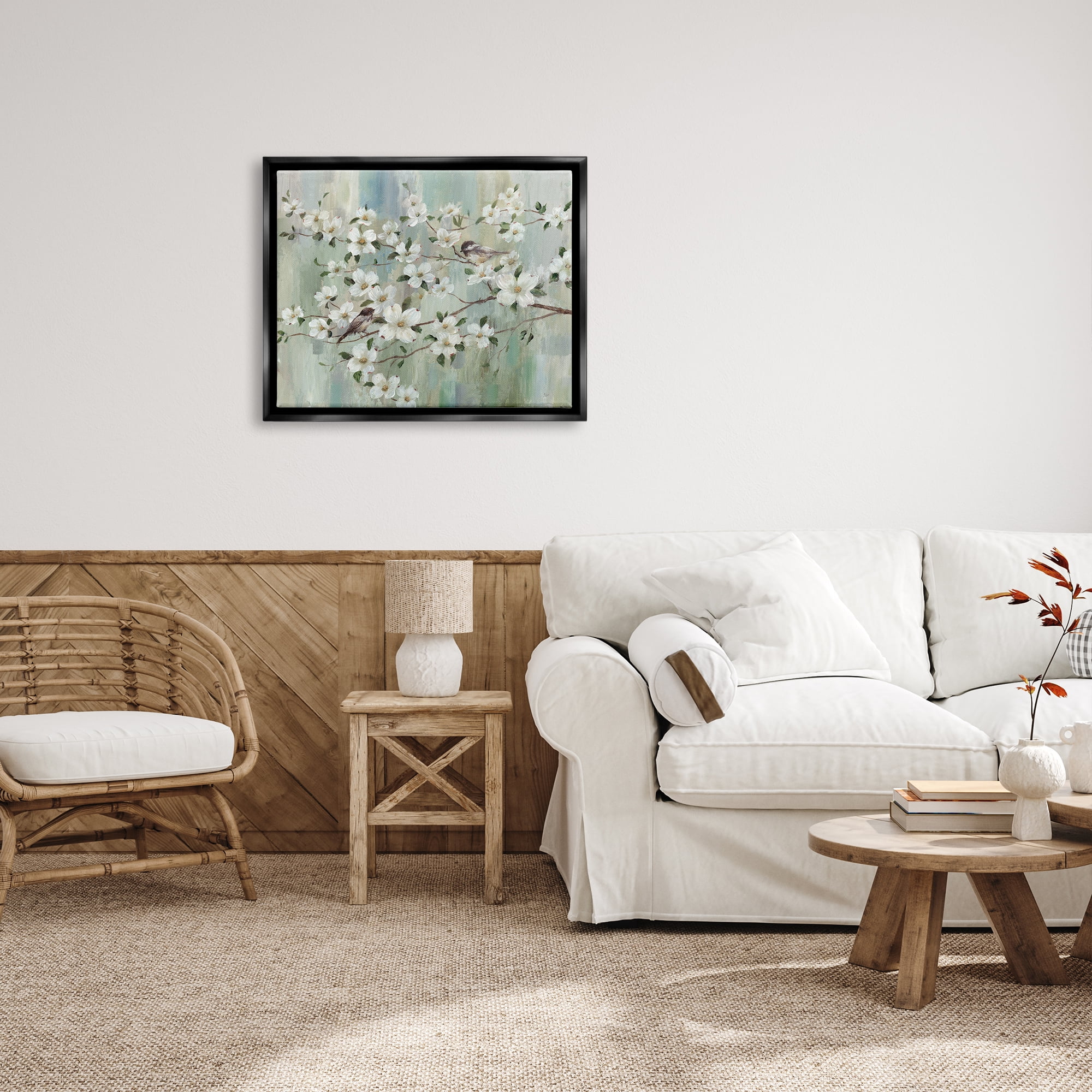 Stupell Industries Delicate Cherry Blossom Flowers Perched Birds Classic Painting Painting Jet Black Floating Framed Canvas Print Wall Art, Design by Nan