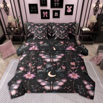 Homewish Boho Butterfly Bedding Comforter Set 7 Pieces, Chic Flower Floral Full Bedding Set, Hippie Moon Print Fitted Sheet Flat Sheet, Breathable Home Decor