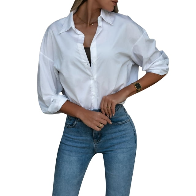 VISgogo Mujer Primavera Otoño Camisa Casual Color Sólido Manga Larga Solapa Botón Abajo Blusa VISgogo moda