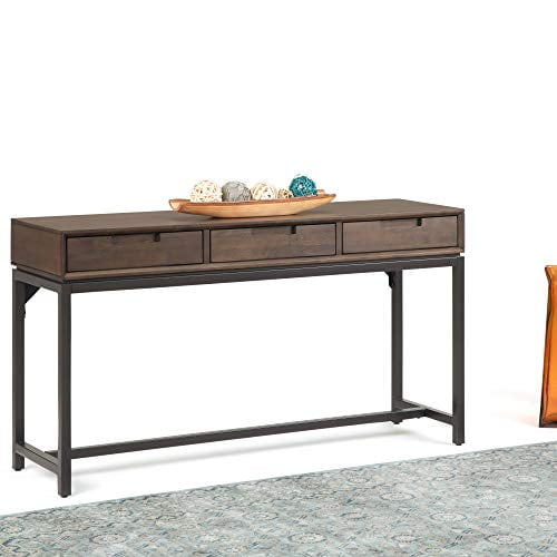 SIMPLIHOME Banting SOLID WOOD and Metal 54 inch Wide Modern Industrial Wide Console Sofa Entryway Table in Walnut Brown with Storage, 3 Drawers , for the Living Room, Entryway and Bedroom