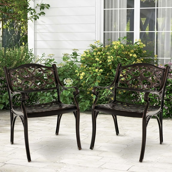 Costway 2 PCS Cast Aluminum Patio Chairs Set of 2 Outdoor Dining with Armrests & Curved Seats Bronze
