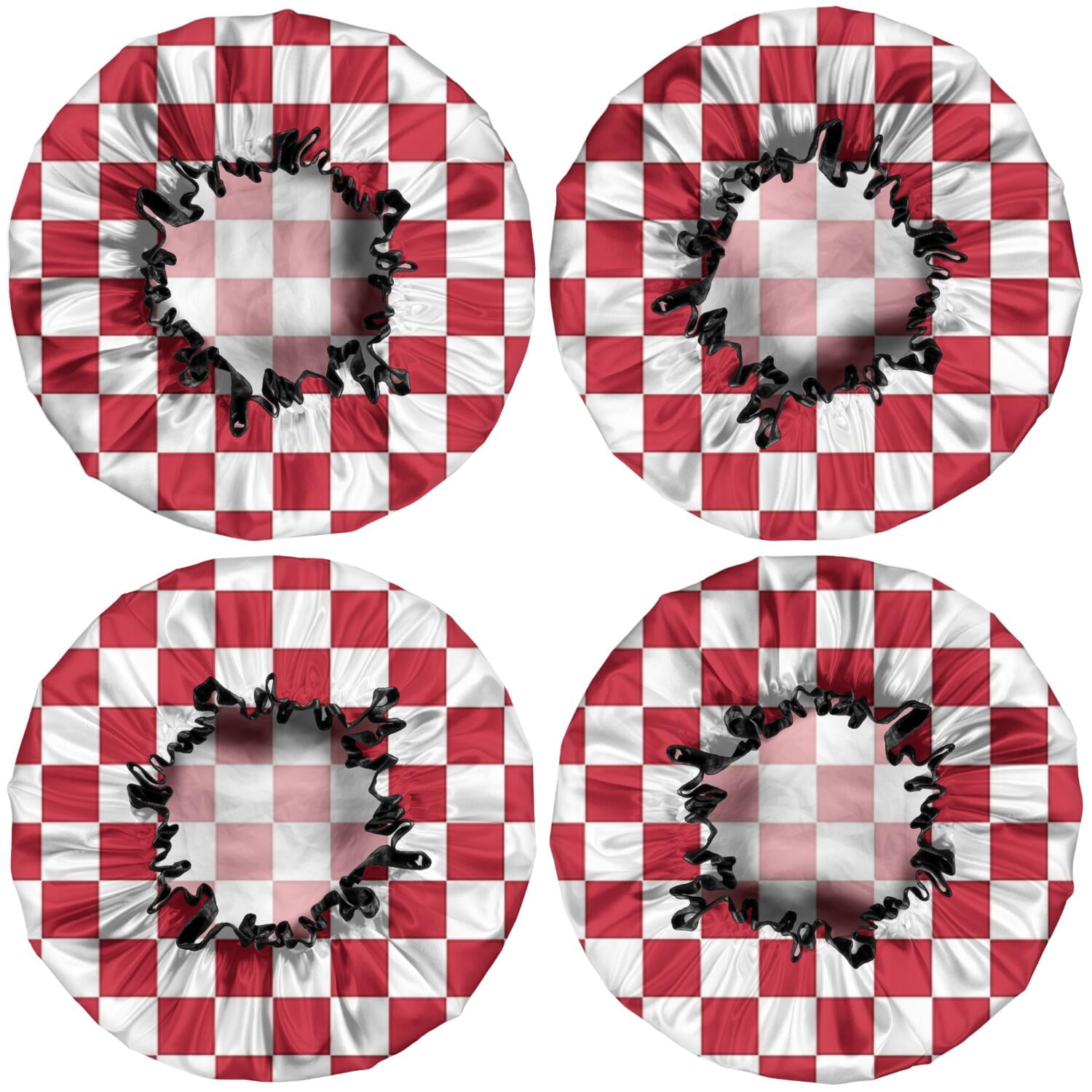 Shower Caps,Red and White Checkered Pattern Waterproof Shower Cap for Women 4 Pieces,Double Reusable Hair Cover for Shower PEVA Elastic Stretch Hem
