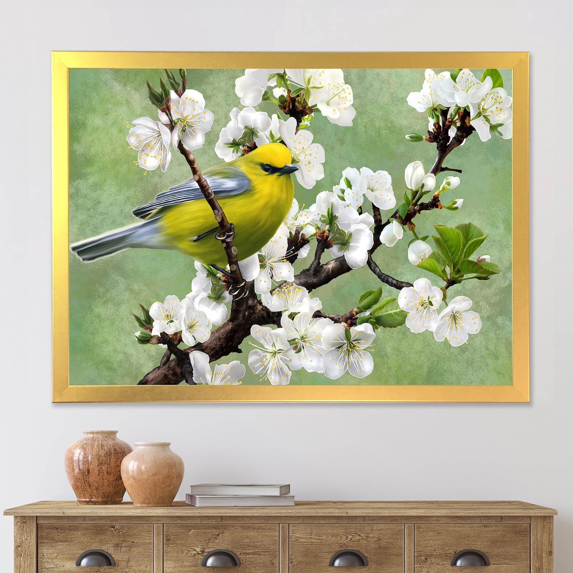 Designart 'Bird Sitting On A Branch of Cherry' Traditional Framed Art Print