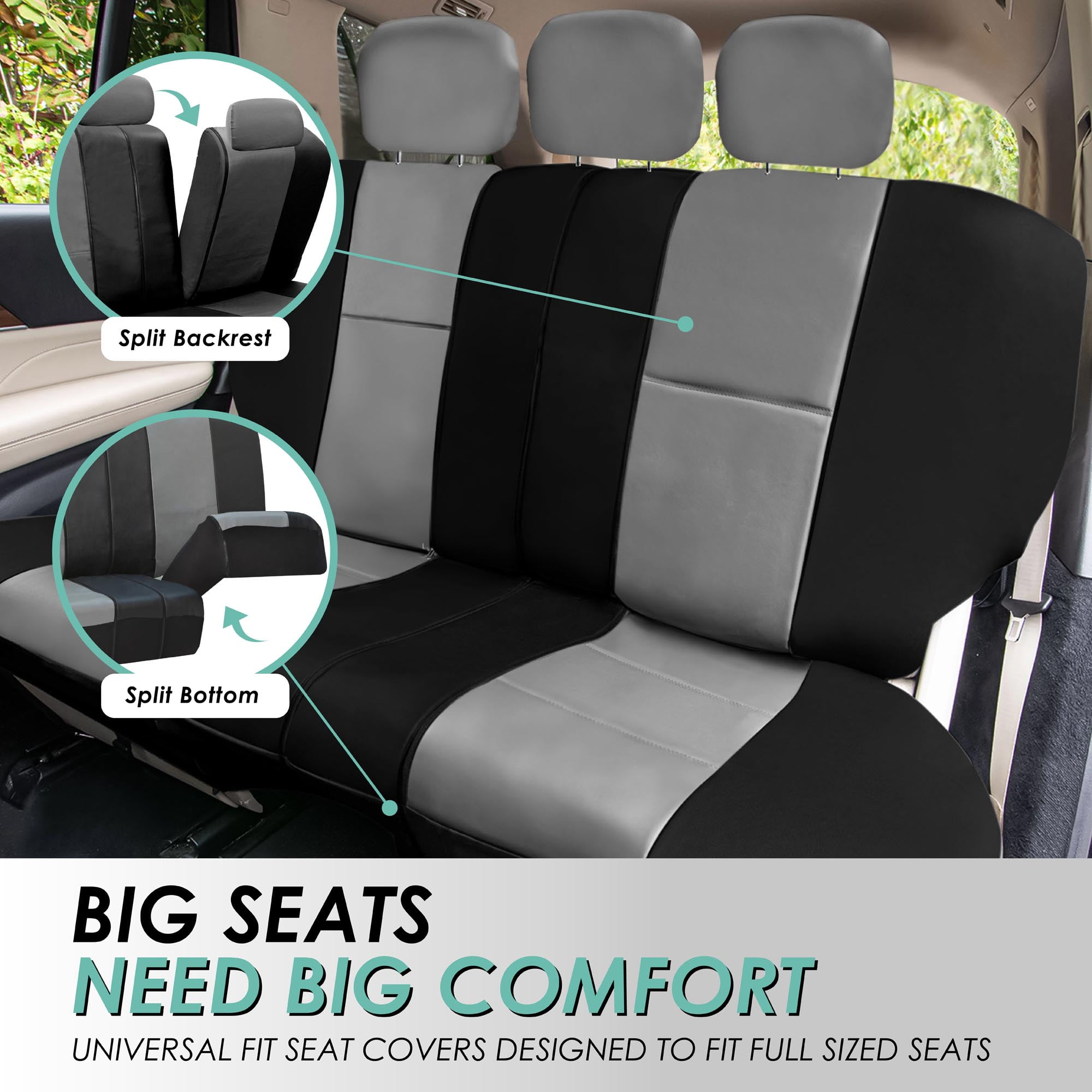 FH Group 3 Rows Universal Fit Faux Leather Car Seat Covers for SUV Sedan, Airbag Compatible, Split Bench w/ Free Air Freshener - 7 Seaters Gray
