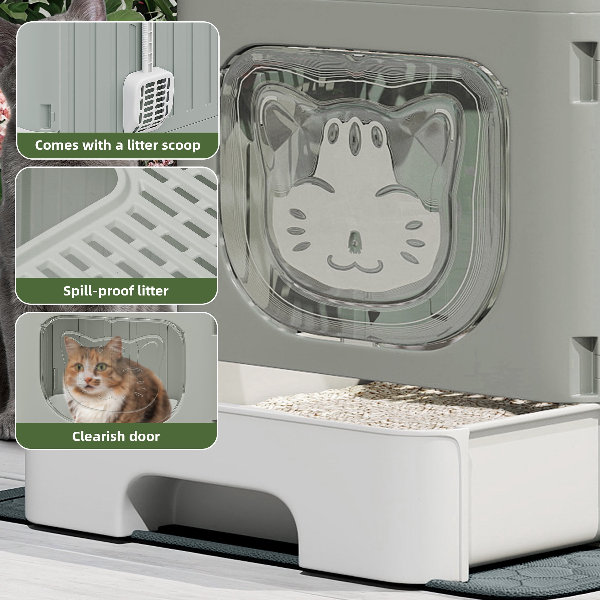 Uforic Large Enclosed Cat Litter Box with Mat and Litter Scoop,Cat Toilet Box with Lid Drawer Type Easy to Clean,Gray