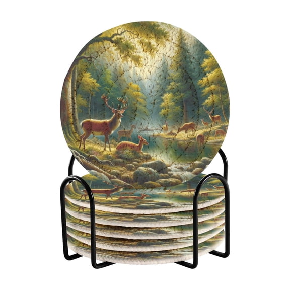 Deer in Forest by Water Coasters with Holder for Coffee Table 6 Pcs Drink Coaster Sets Absorbent for Home Decor 4 inch
