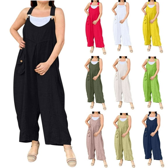Feancey Boho Wide Leg Jumpsuits for Women Sleeveless Linen Bib Overalls Solid Color Casual Loose Playsuits Summer Trendy Rompers with Pockets Beige L