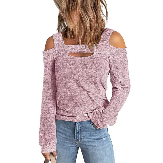 Blusa de manga larga de moda de Color sólido con diseño recortado y hombros descubiertos para mujer para ir de compras en casa