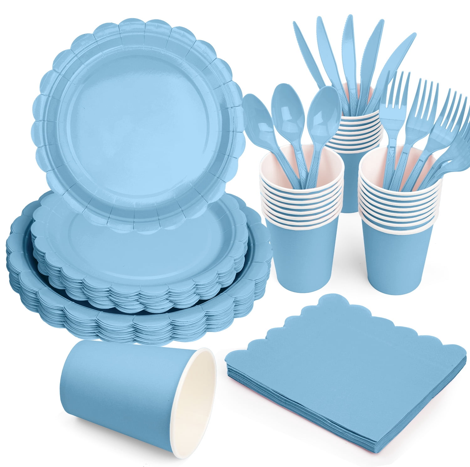 Inadays 175Pcs Disposable Party Supplies Includes Blue Paper Plates Cup Napkins Forks Spoons Knives, Dinnerware Set for Garden Party Birthday BBQ Baby Shower Wedding, Serve 25 Guests