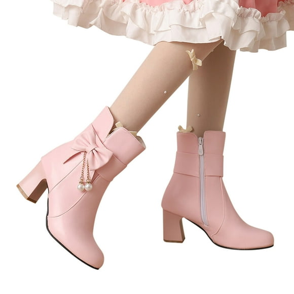 EGNMCR Bottines pour Femmes Automne Hiver Nœud à Pampilles Lorita Talon Épais Bottines Courtes pour Femmes