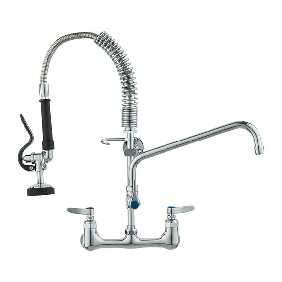 VEVOR Wall-Mounted Brass Kitchen Faucet, 21" Tall, 8" Installation Width, Includes 12" Rotating Spout and Pull-Down Sprayer, Suitable for Single, Double, or Triple Sinks