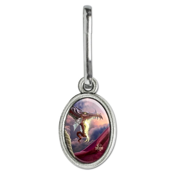 Fantasy Fire Breathing Dragon Flame On Antiqued Oval Charm Clothes Purse Suitcase Backpack Zipper Pull Aid