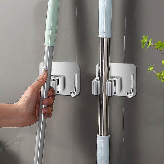 Lieonvis 4Pcs Mop Holder Self Adhesive Stainless Steel Broom Holder Non-Slip Waterproof Wall Mop Organizer with Hook Hanger for Kitchen Bathroom Garden Garage