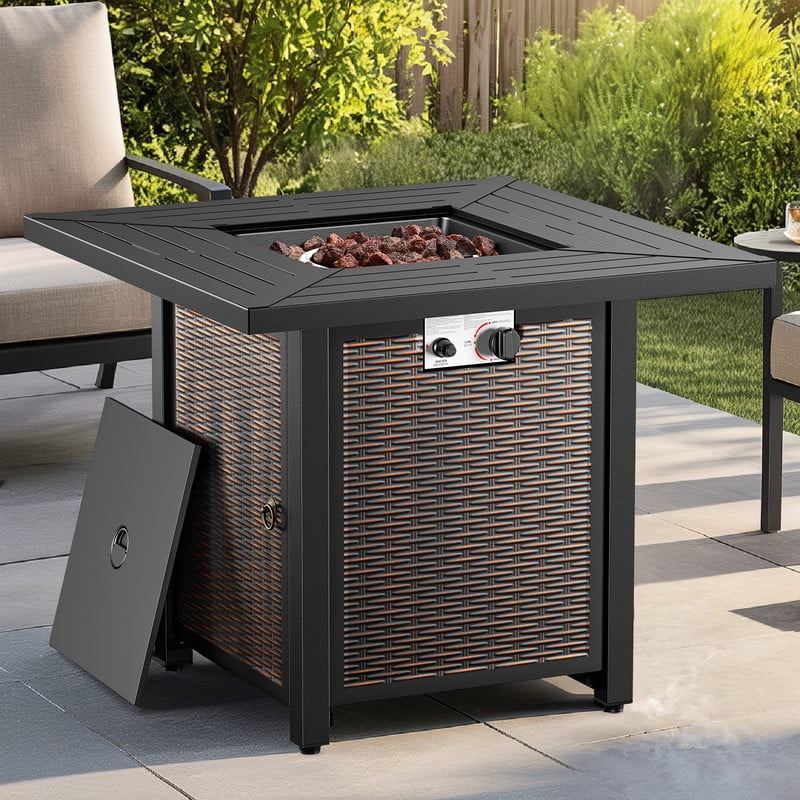 Giantfurnni 30" Propane Fire Pit Table with Lid, Outdoor Metal 50,000 BTUs Square Gas Fire Pit Table with Lava Rocks for Balcony Porch Deck