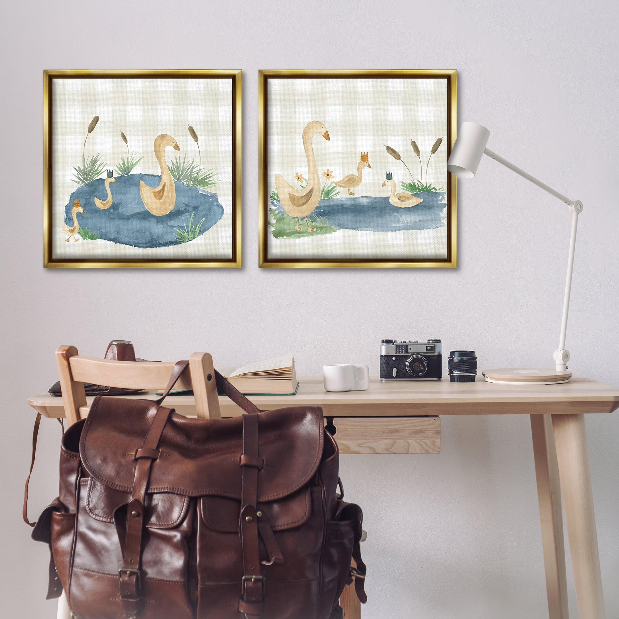 Stupell Industries Swan Family in Pond Landscape & Nature Painting Gold Floater Framed Canvas Art Print Wall Art, 25 x 25, Set of 2