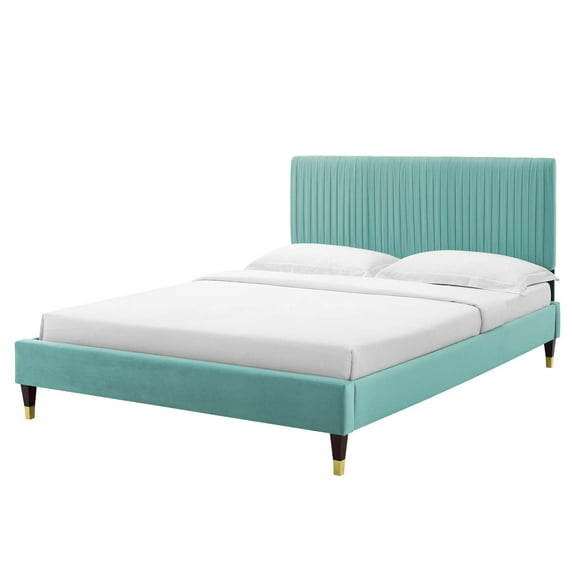 Platform Bed Frame, Queen Size, Velvet, Blue, Modern Contemporary Urban Design, Bedroom Master Guest Suite