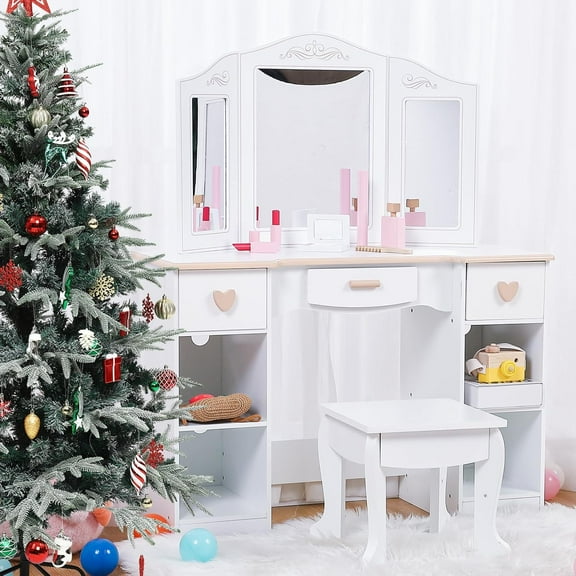 WALYWIK Princess Vanity Set for Kids - White Makeup Table with Mirror, Stool, and Wooden Play Makeup Accessories