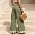 thumbnail image 6 of Women Straight Leg Pants with Lace Hem Trim, Elastic Drawstring Waist Casual Long Trousers with Pockets, Solid Loose Daily Pants for Vacation Army Green XL(XL), 6 of 7