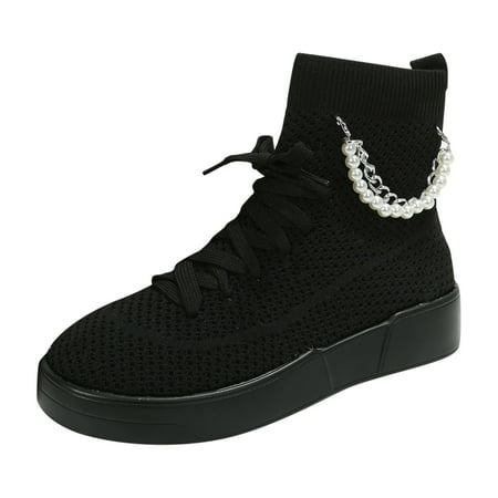 

fvwitlyh Ankle Boots for Women Rubber Rain Boots Women Lace Up Socks Boots Chain Pearl Round Toe Boots Stilettos Cute Boots for Women No Heel