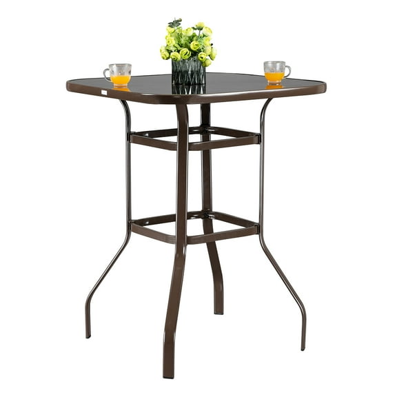 VINGLI 31.5" Round Metal Patio Bar Table with Tempered Glass Top and All-Weather Design, Brown