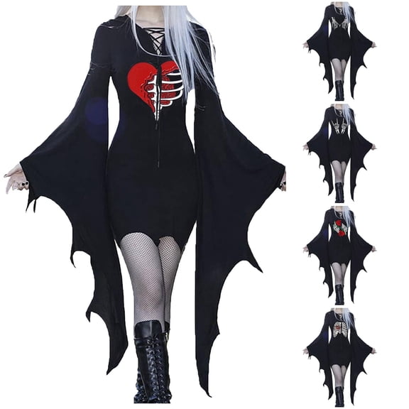 Trendfront Womens Skeleton Hand Graphic Hooded Mini Dress Long Sleeve Batwing Hem Gothic Halloween Wear Mini Dress
