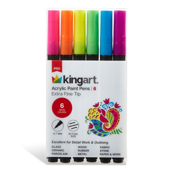 KINGART® PRO Extra Fine Point Acrylic Paint Pen Markers, Water-Based Ink, Set of 6 Neon Colors