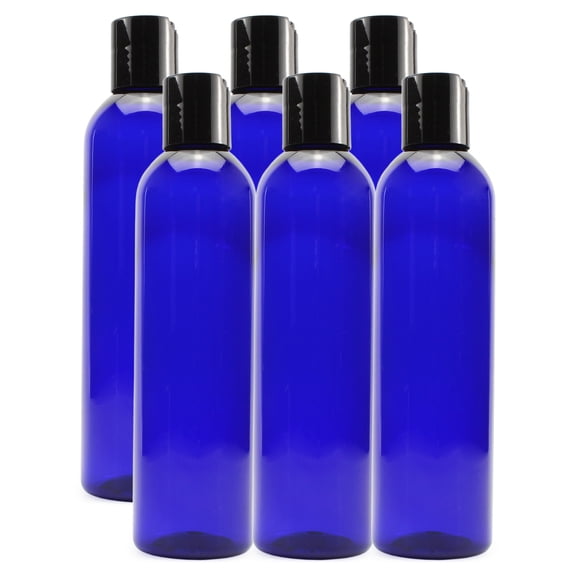 Cornucopia Brands 8oz Plastic Squeeze Bottles w/ Disc Top Flip Cap (6-Pack, Blue); BPA-Free Containers For Shampoo, Lotions, Liquid Body Soap, Creams